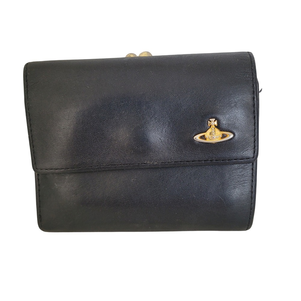 Vivienne Westwood Black Leather Trifold Wallet Gold Orb Kiss Lock Coin Purse